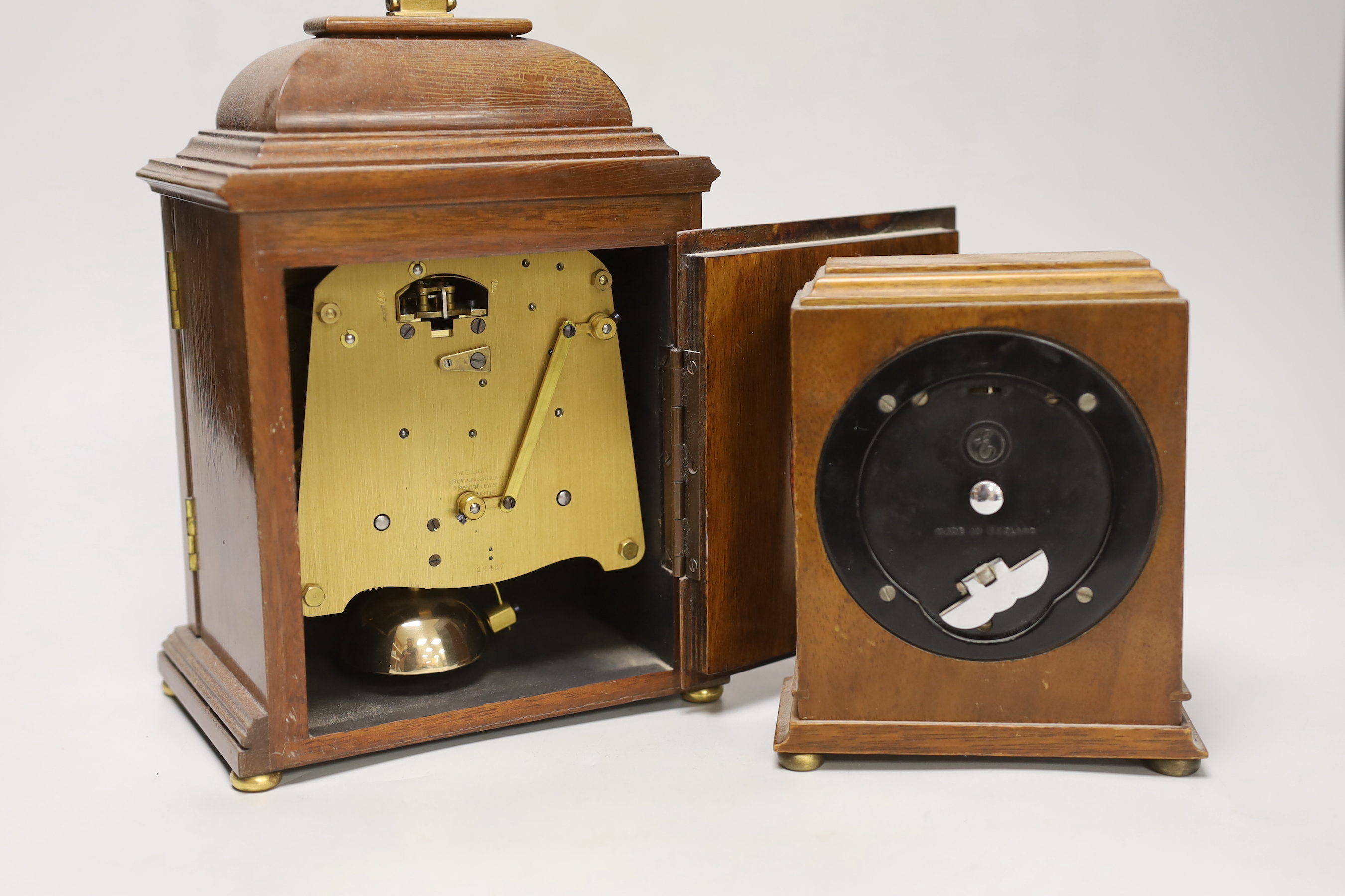 Two modern walnut mantel clocks, tallest 27cm high